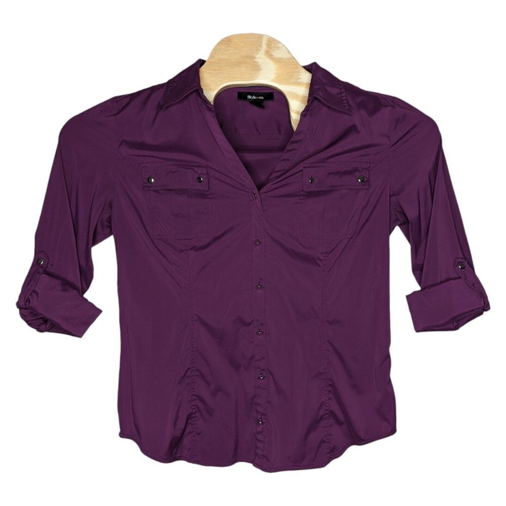Style & Co Womens Stretch Top‎ Size 10 Purple Blouse Roll Tab Long Sleeve Shirt